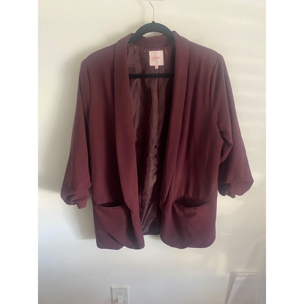 Candies Womens Burgundy Ruched Sleeve Open Front Blazer Jacket Size L - Picture 1 of 7